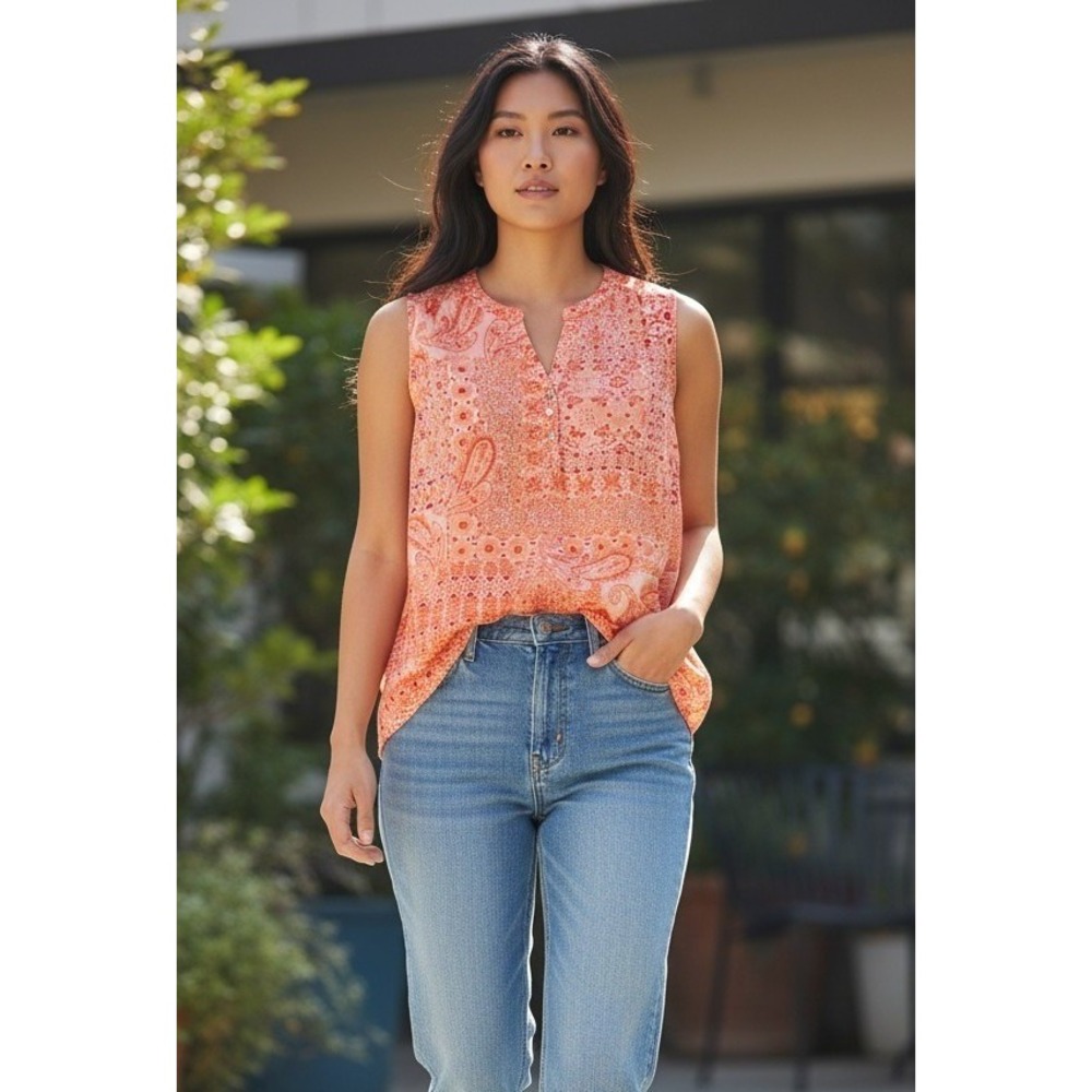 Kim Rogers Womens L Orange Paisley Sleeveless Blouse